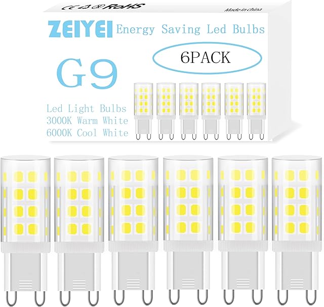 ZEIYEI G9 LED Light Bulbs, 5W, Cool White 6000K, 450LM, Equivalent to 40W G9 Halogen Bulb, Non Dimmable, AC 220V-240V for Lighting Decor, Chandelier Home and More 6-Pack