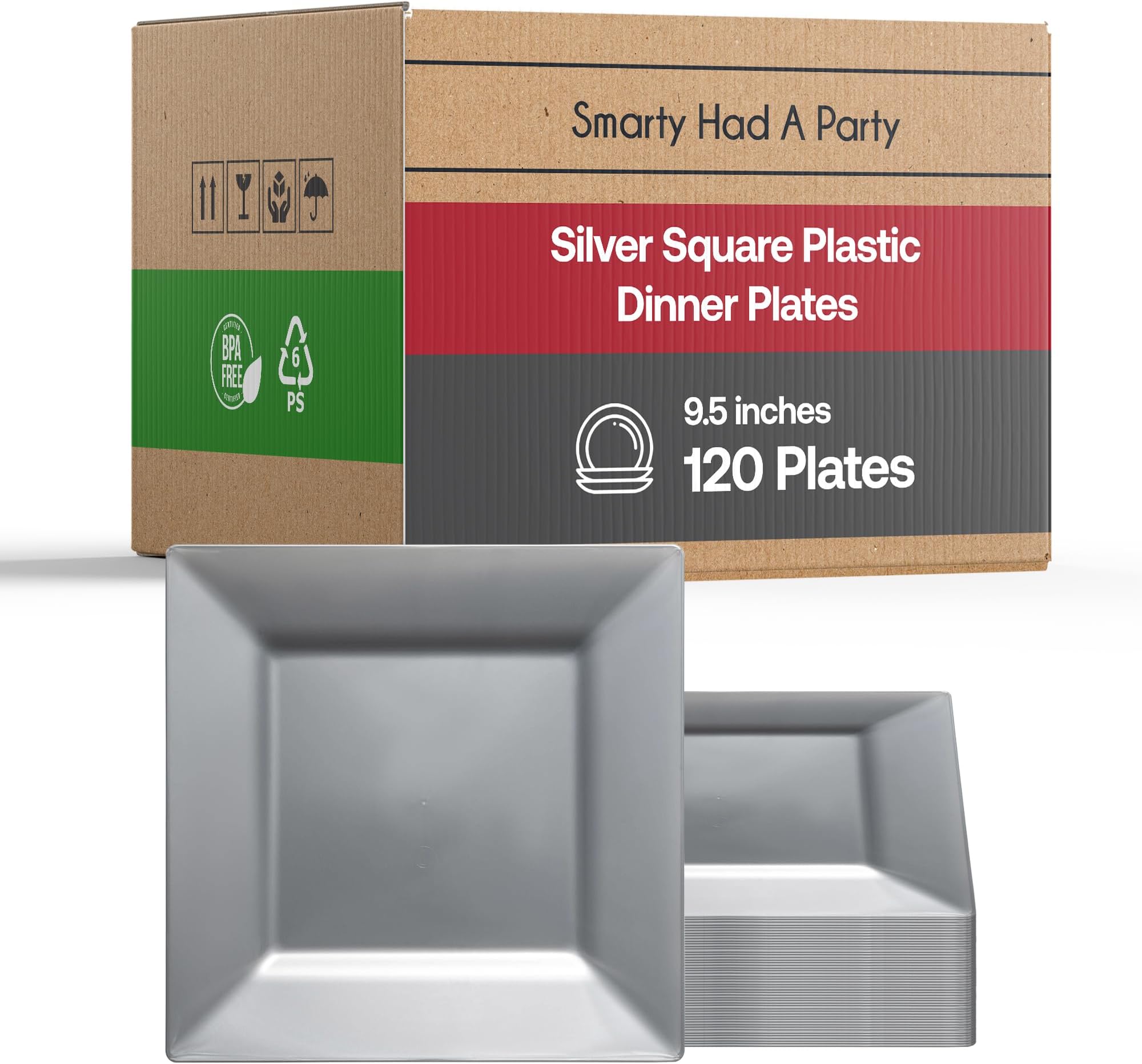 Elegant Disposable Plastic Dinner Plates - 120 Plates - Heavy Duty Fancy Square Silver Dinner Plates - 9.5" Plastic Party Plates For All Occasions
