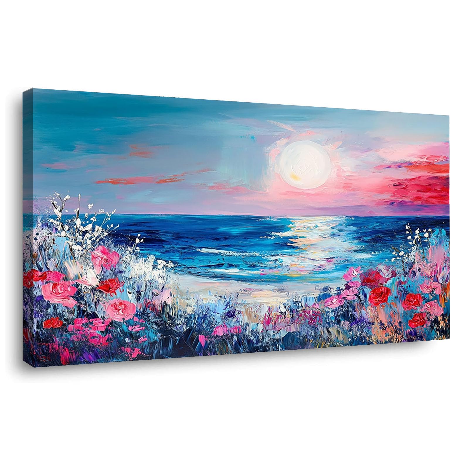 WIKEO Beach Pictures on Canvas Wall Art Graffiti Ocean Flowers Modern Prints Seaview Landscape Artwork - for Living Room Bedroom Home Office Wall Decoration(Red 10)-50x100cm Framed