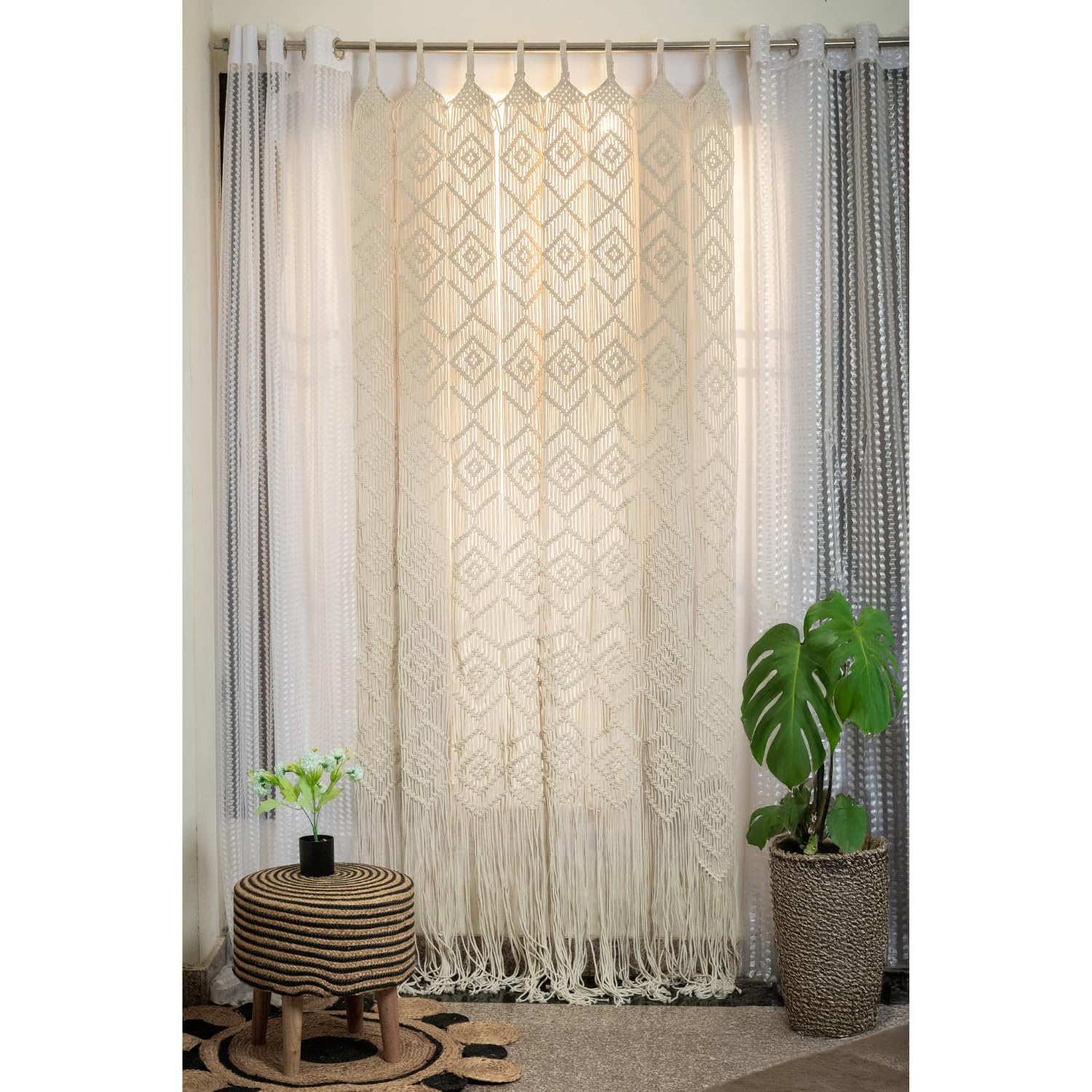 Kaahira Handmade Macrame Curtain for Door & Window - Boho Cotton Rope Curtain Panel | Handwoven Room Divider Bohemian Home Decor | Living Room Bedroom Aesthetic Curtain (Off White, 4x8 feet)-image-30