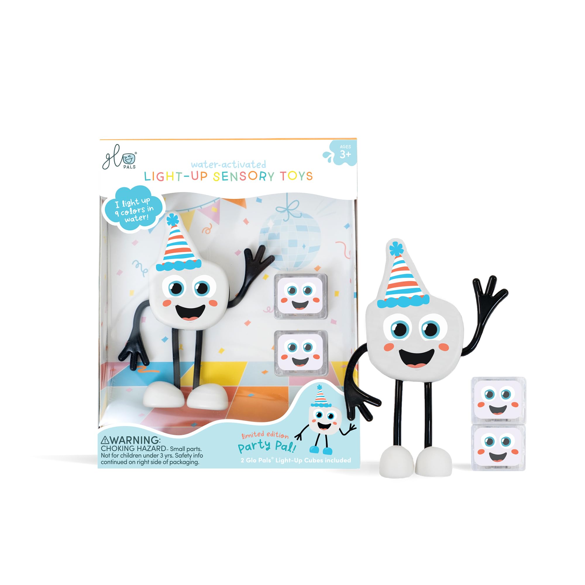 Glo Pals Character. Water-Activated Light-up Sensory Bath Toy + 2 Reusable Light-Up Cubes. Kids Colourful Bath Time Toy. Light-up Sensory Play. Gift for Boys & Girls 3+ (Party Pal - White)