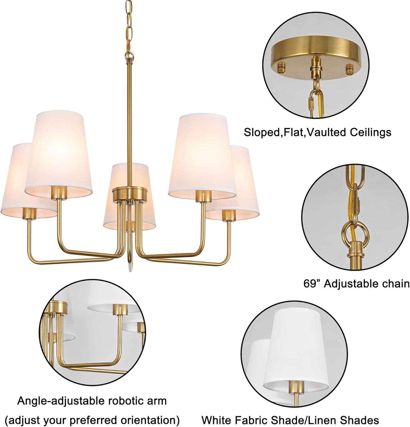 5-Lights Farmhouse Chandelier, Matte Gold Chandelier with White Fabric Shade, Height Adjustable Pendant Lights Linear Island Lighting Fixture for Kitchen, Living Room,Dining Room