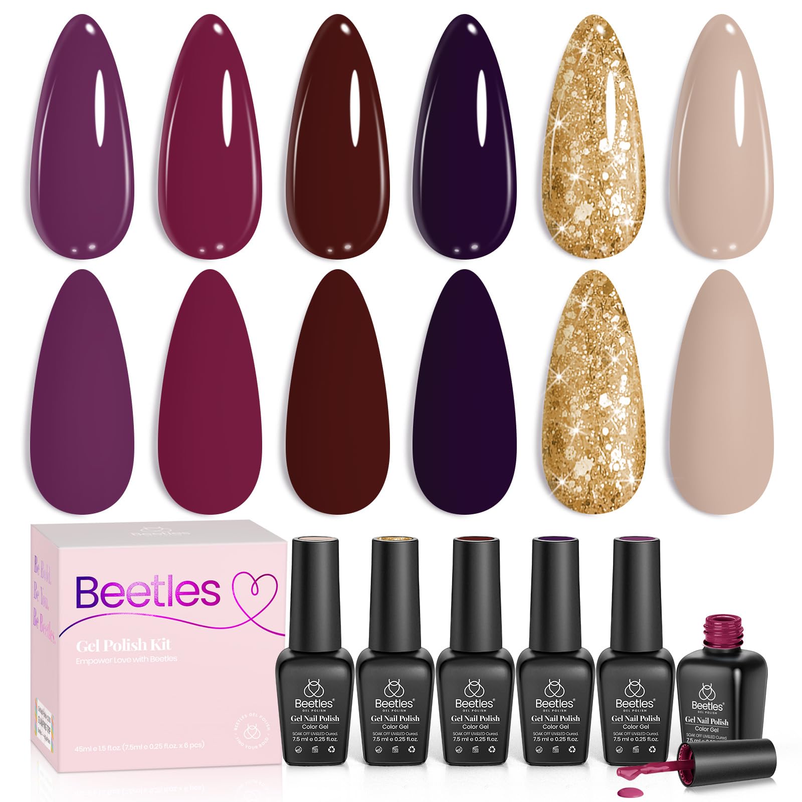 Beetles Gel Nail Polish Set – 6PCS Burgundy Purple Glitter Nude Plum Gold Gel Nail Polish Kit Soak Off UV LED Terra Dusk Colors DIY Home Salon Gift