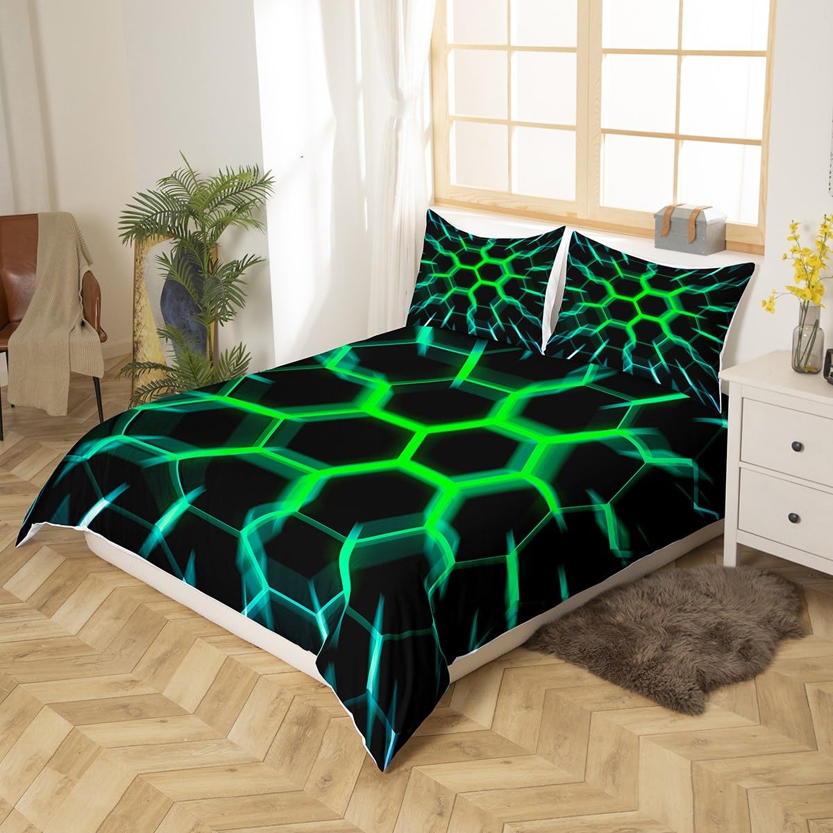 Homewish Honeycomb Bedding Set Black Green 3D Geometric Beehive Hexagon Duvet Cover King Gamer Room Decor for Boys Kids Men,Neon Light Geometrical Honeycomb Comforter Cover Glowing Hexagonal Bed Set - Image 2