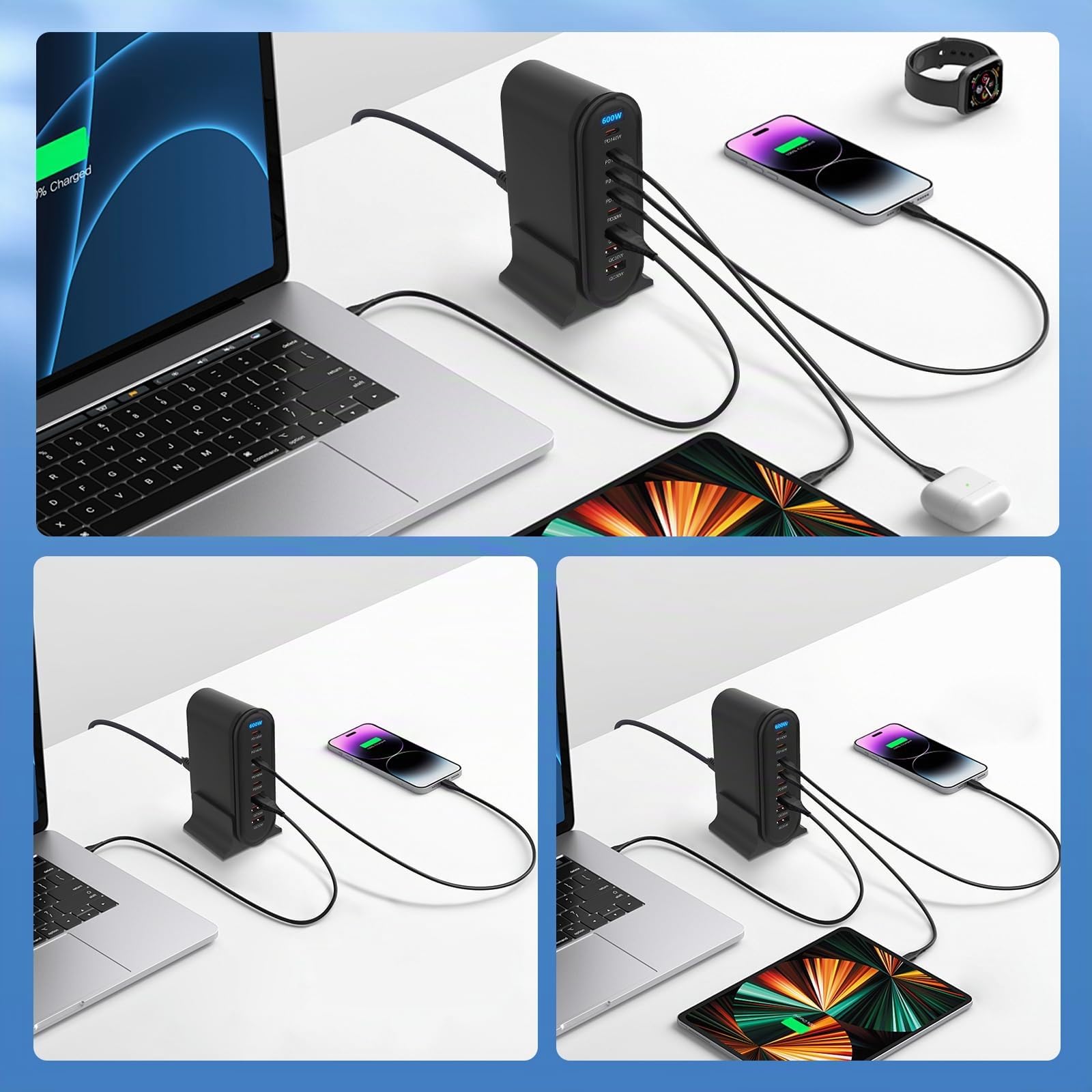 600W Chargeur USB C Multiple, 8 Ports Chargeur Rapide GaN Multiprise QC+PD, Chargeur Rapide Prise Station de Charge Compatible avec Laptop Phone