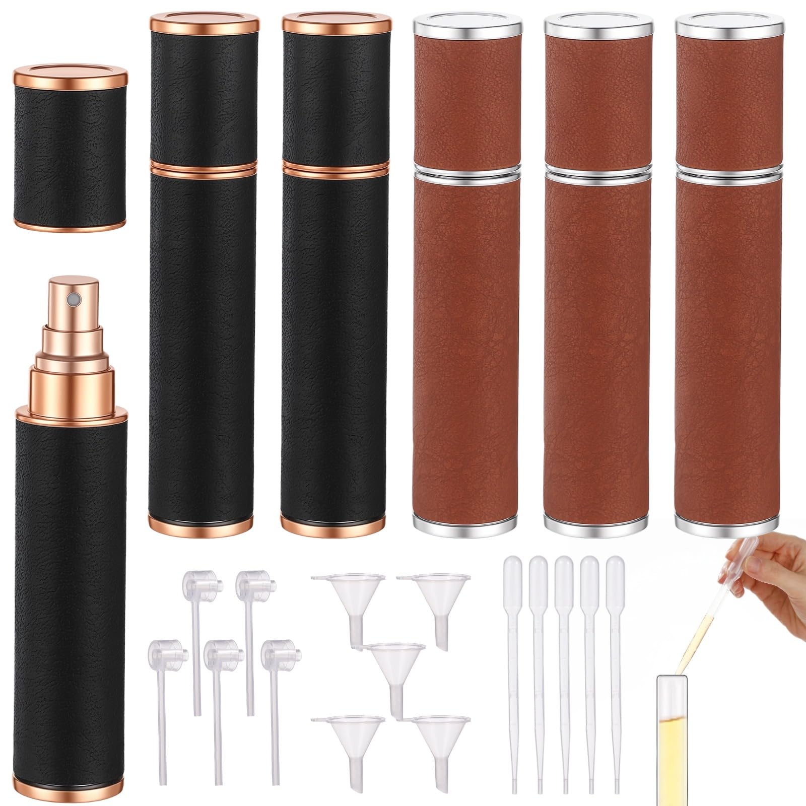 6 Stk. Leder-Parfümzerstäuber, nachfüllbare Mini-Cologne-Sprühflasche 10 ml / 0,34 oz, tragbarer leerer Duftbehälter mit Werkzeugen, für Männer u. Frauen, Reise, Arbeit, Büro, Schwarz/Braun