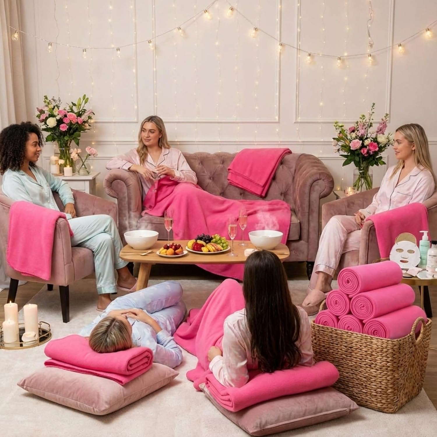 6 Pack Hot Pink Fleece Sleepover Blankets Bulk, 59" x 48" Soft Lightweight Throw Blankets for Couch, Spa, Slumber Party, Movie & Bachelorette Party