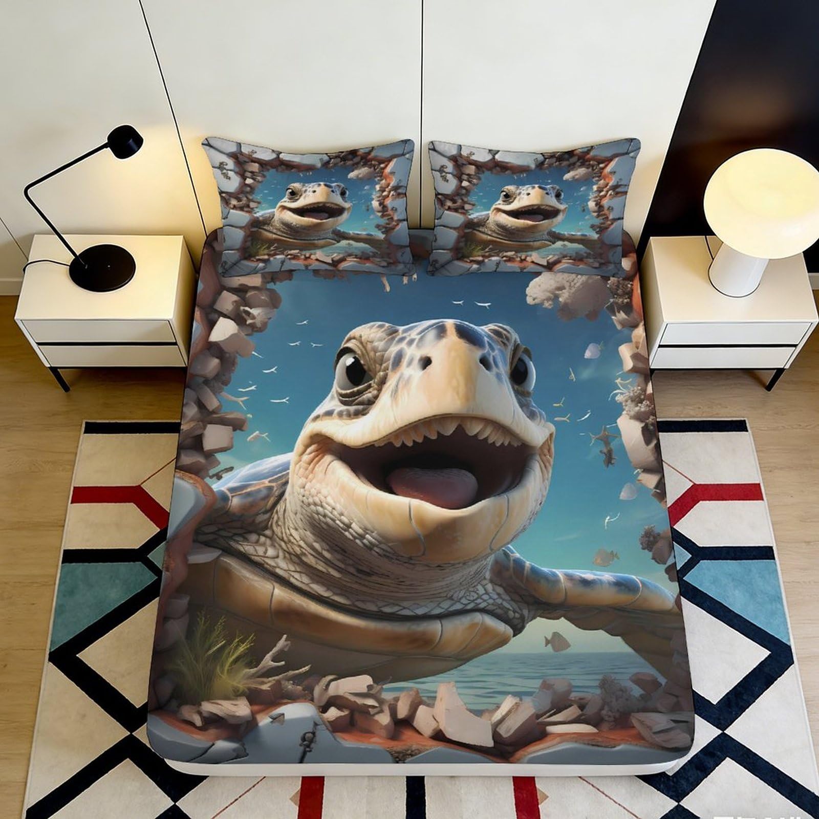 Pnayamiorkfel Style-8 3D Printed Cartoon Turtle Fitted Sheet Microfiber Soft Bed Cover Ocean Breakthrough Design For Bedroom Guest Room 90X200x25cm