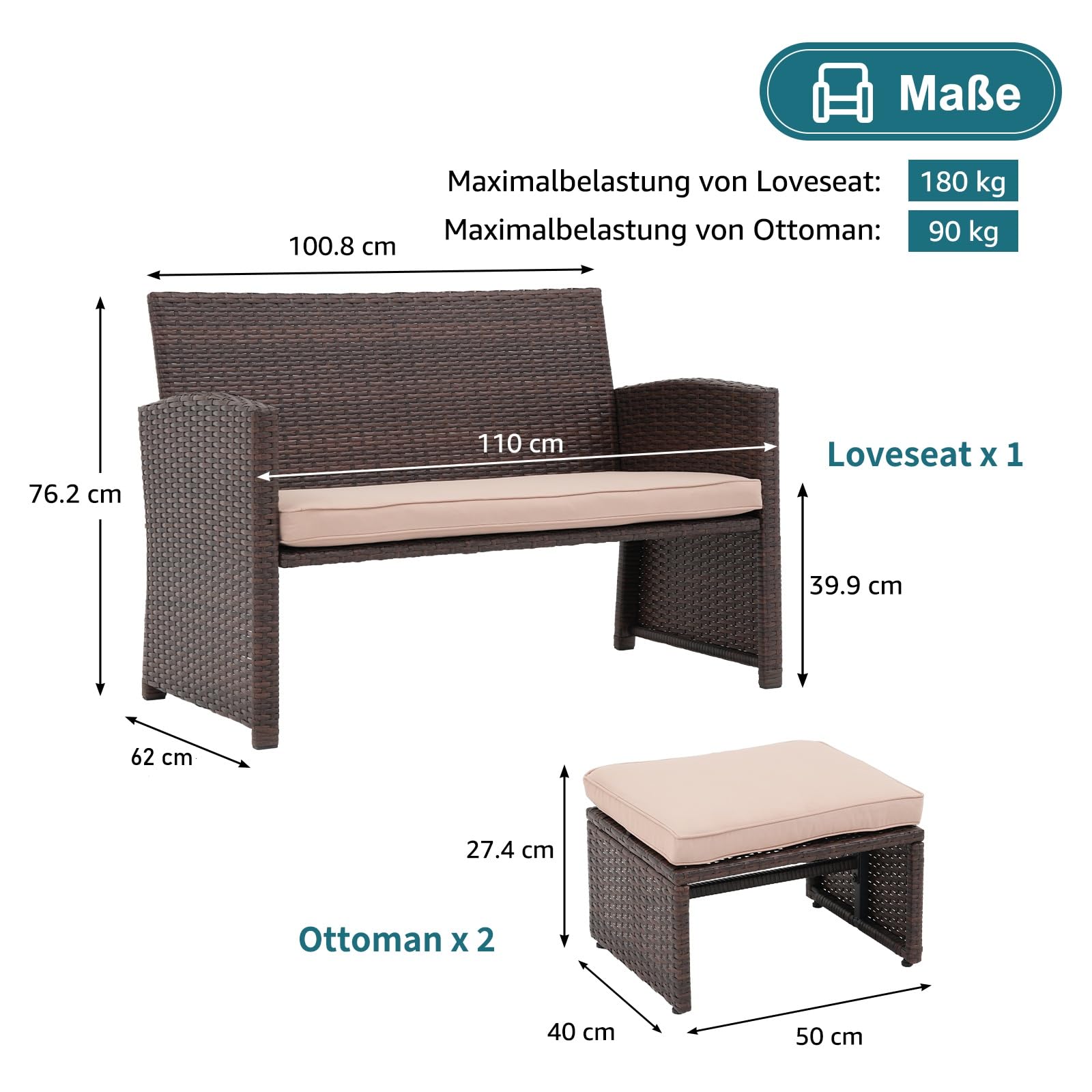 OC Orange-Casual Outdoor Loveseat, 3-TLG Terrassenmöbel-Set, Allwetter Rattan Gartenbank mit 2 Hocker, Braun Rattan&Beige Kissen