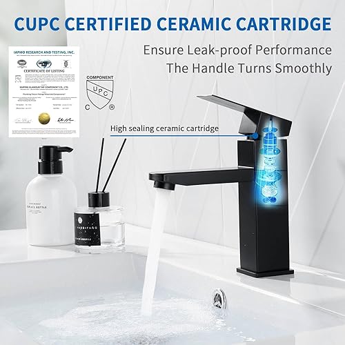 Miniatura 2 de Grifo de lavabo de baño negro de un solo agujero, grifo de lavabo de una sola manija, acero inoxidable negro mate, moderno grifo de baño con líneas