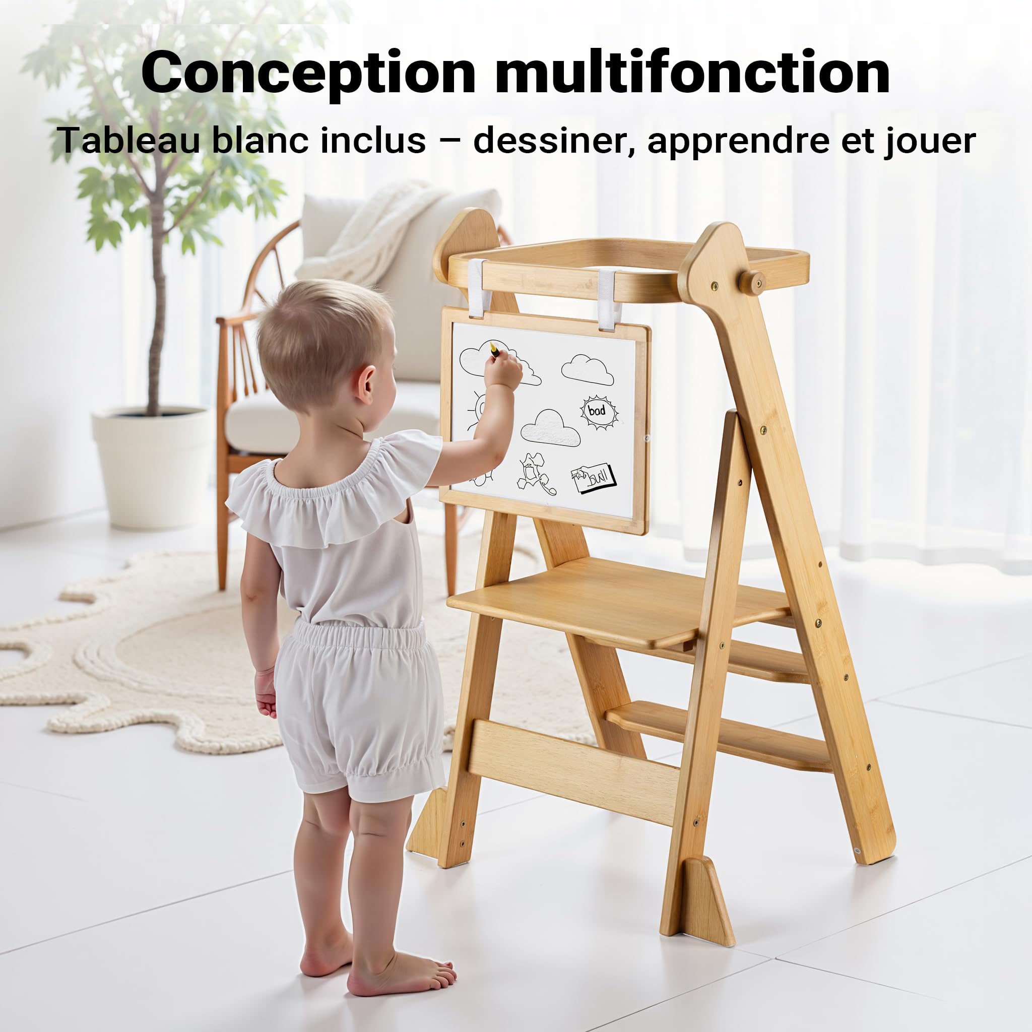 Wiltec Chaise pour Enfant Tour d'apprentissage Pliable 43 x 48 x 91 cm en Bambou, réglable en Hauteur, pour Enfants, Tour Debout avec Garde-Corps