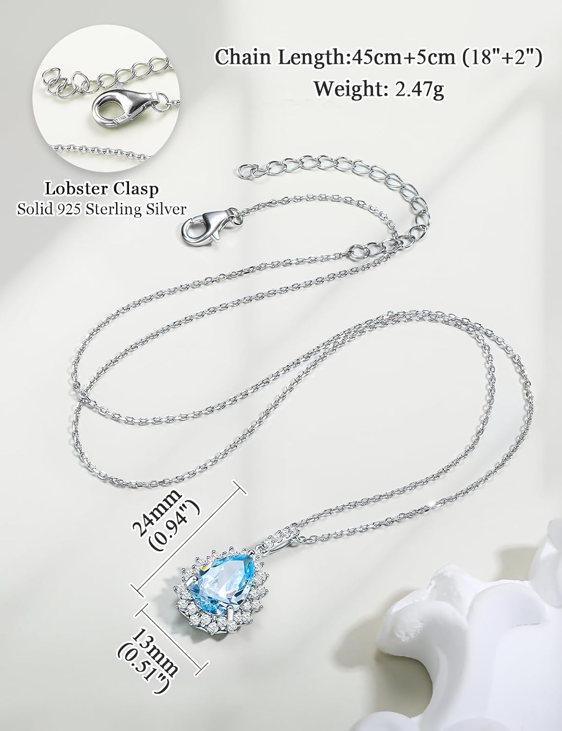 925 Sterling Silver Teardrop Necklace for Women Huge Created Gemstone Solitaire Halo Pendant Pear Cut Birthstone Necklace - Image 6