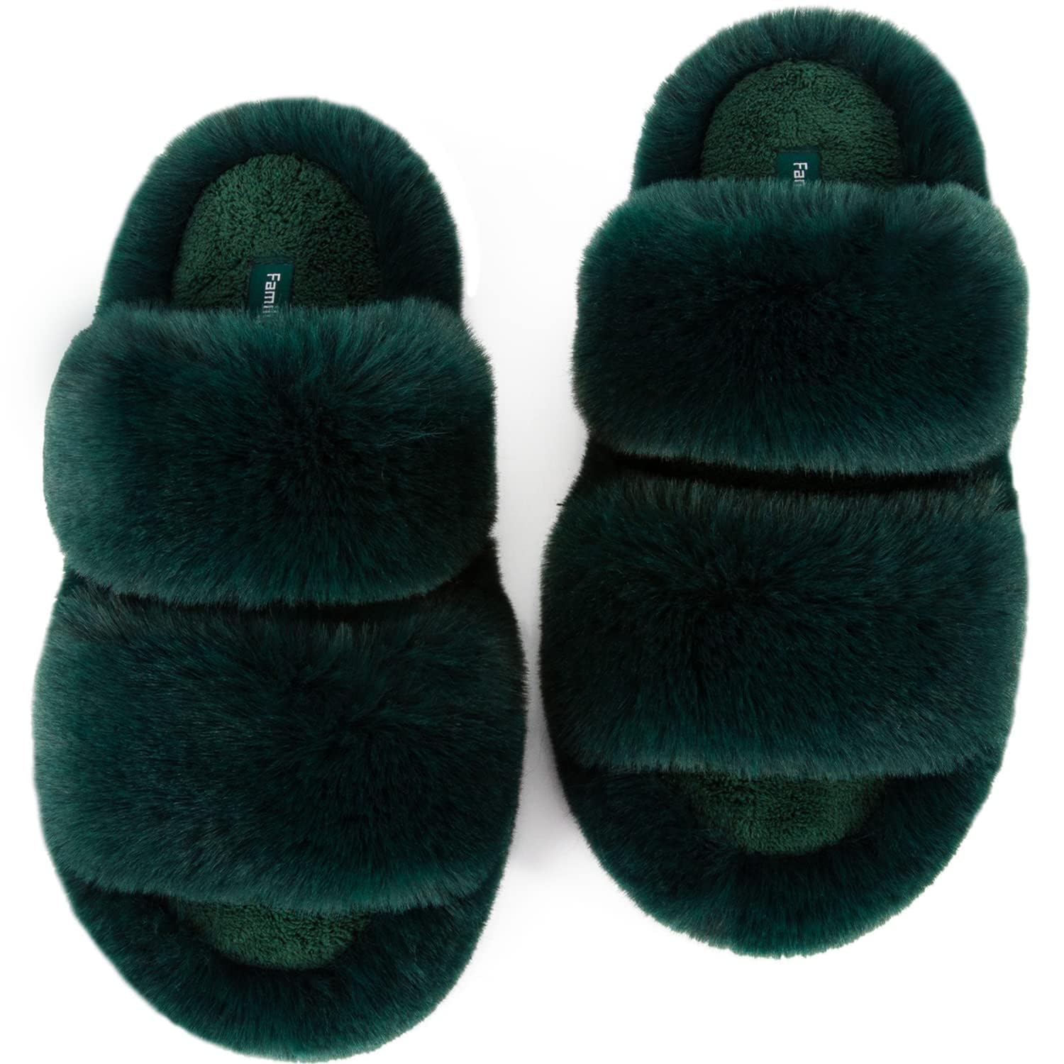 FamilyFairy Women's Fluffy Faux Fur Slippers Comfy Open Toe Two Band Slides with Fleece Lining and Rubber Sole