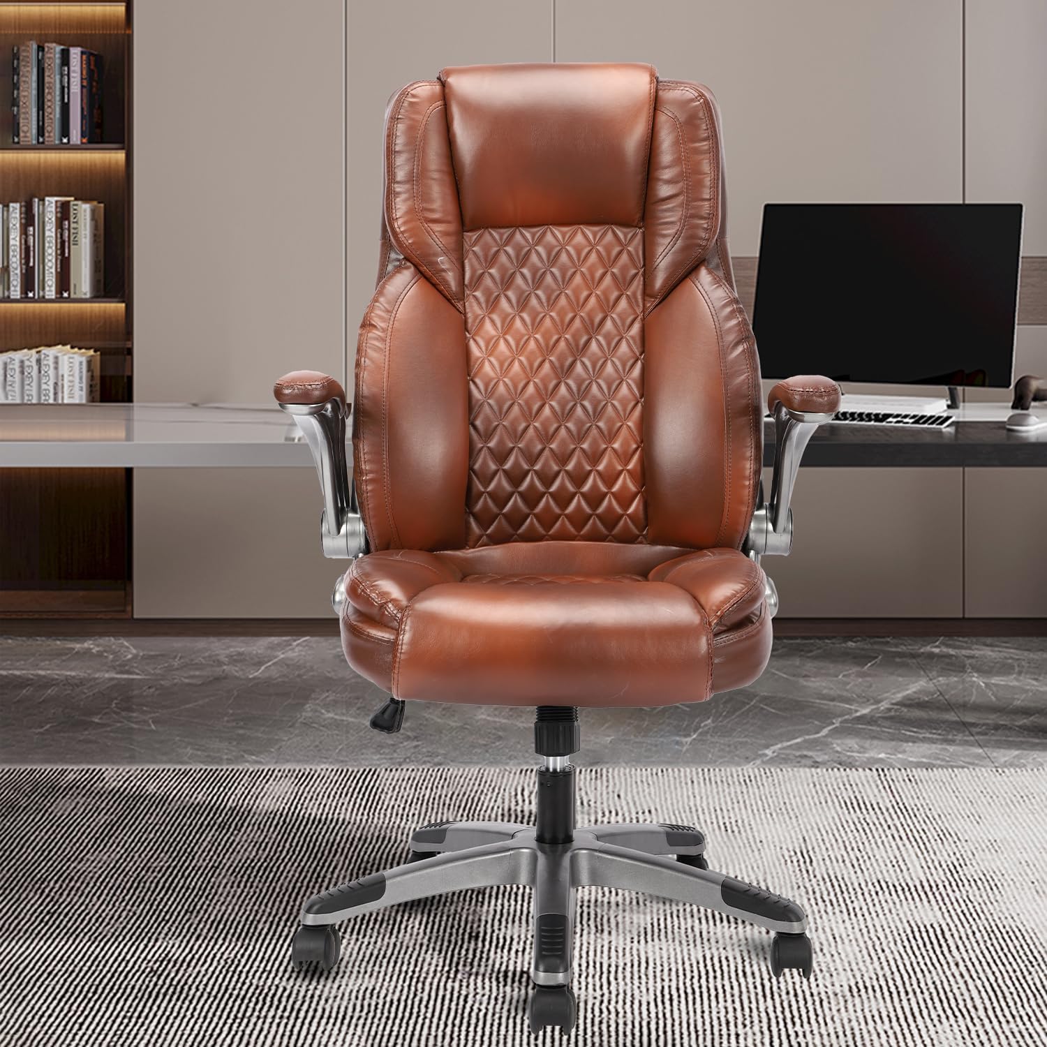 Bosmiller Bürostuhl Ergonomischer Chefsessel Bürostuhl 200 kg, Verstellbarer Rückenlehne, Hochklappbaren,Armlehnen, Schreibtischstuh Büro, Office Chair für Büro Computer Chefsessel, Braun