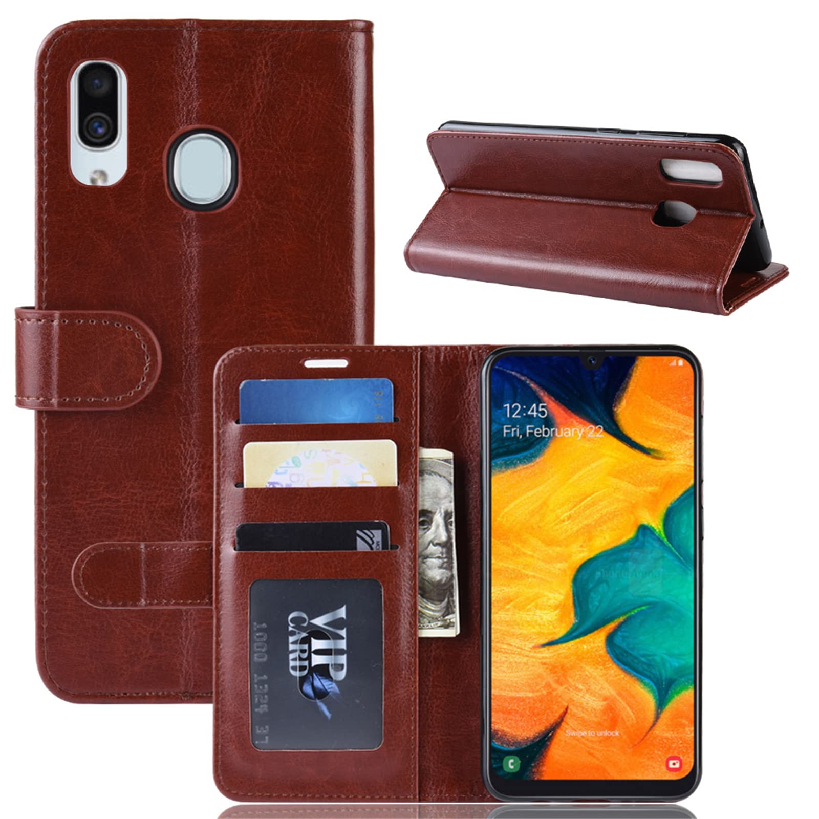 Kezaizhe Flip Case for Samsung Galaxy A20 A205 A205U / A30 A305 Wallet PU Leather Magnetic Protective Cellphone Case Folio Book Cover with Stand (Brown)