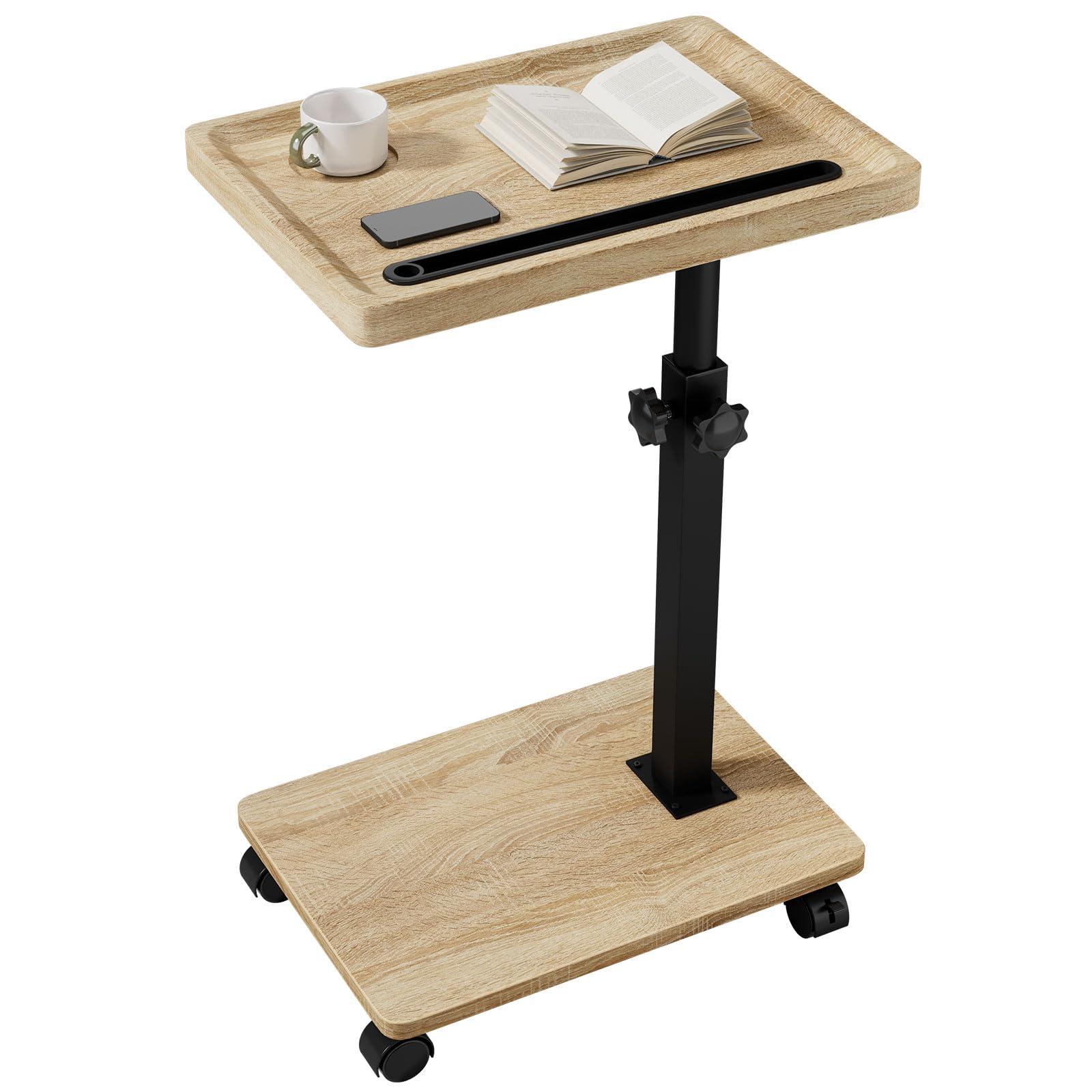 IBUYKE Mesa Auxiliar en Forma de C,con Ruedas,Natural TVT007R | Giratoria 360°,Altura Ajustable,Mesa de sofá para Espacios Estrechos,con Ranura para Tableta,para salón,Dormitorio