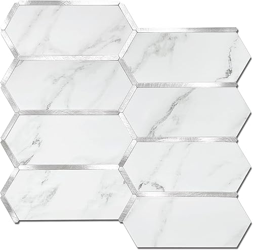 BeNice Azulejos de despegar y pegar para cocina, azulejos de pared de baño, azulejos de metal autoadhesivos para salpicaduras (blanco, 10 unidades)