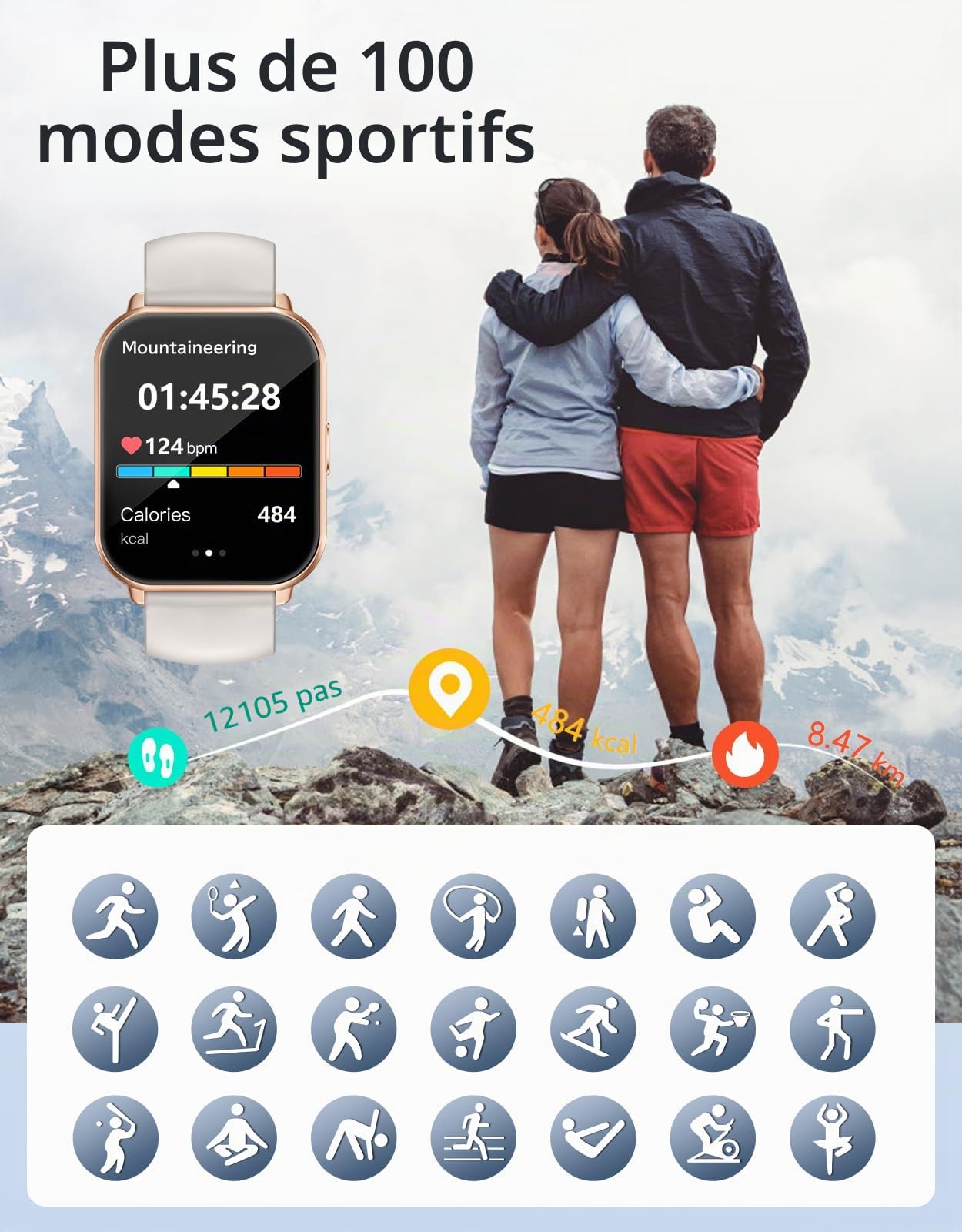 Montre Connectée Femme Homme Smartwatch Bluetooth pour Android iOS Podometre Montre Sport Cardiofrequencemetre Trackers d'activité Montre Intelligente Etanche IP68 Menstruel Musique Contrôle