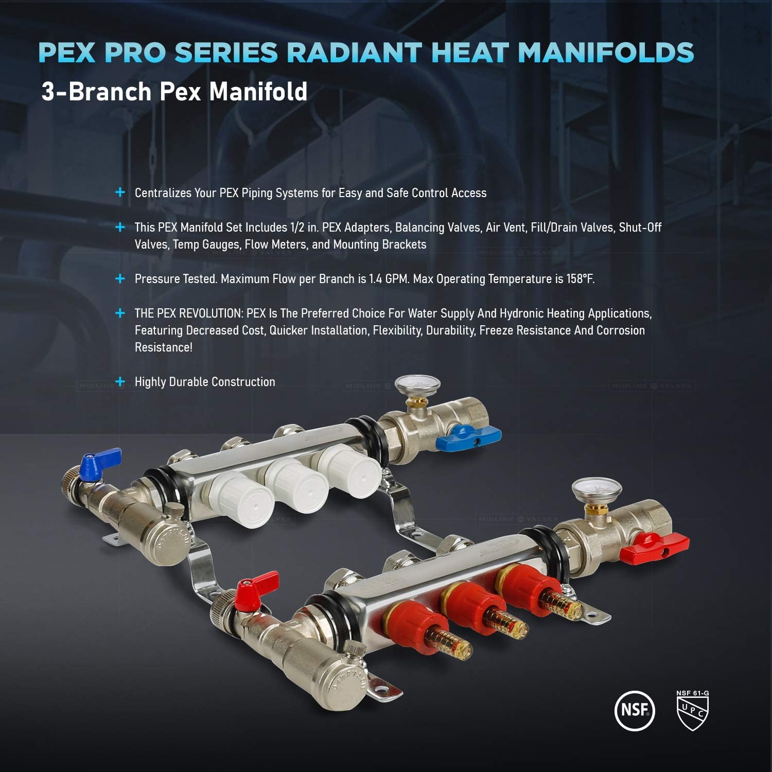 Midline Valve NQT103-5 PEX Manifold 1/2 in. for Radiant Heating System; with Valves, Vents, Gauges, and Mounting Brackets; Stainless Steel; 3 Port (5 Pack)