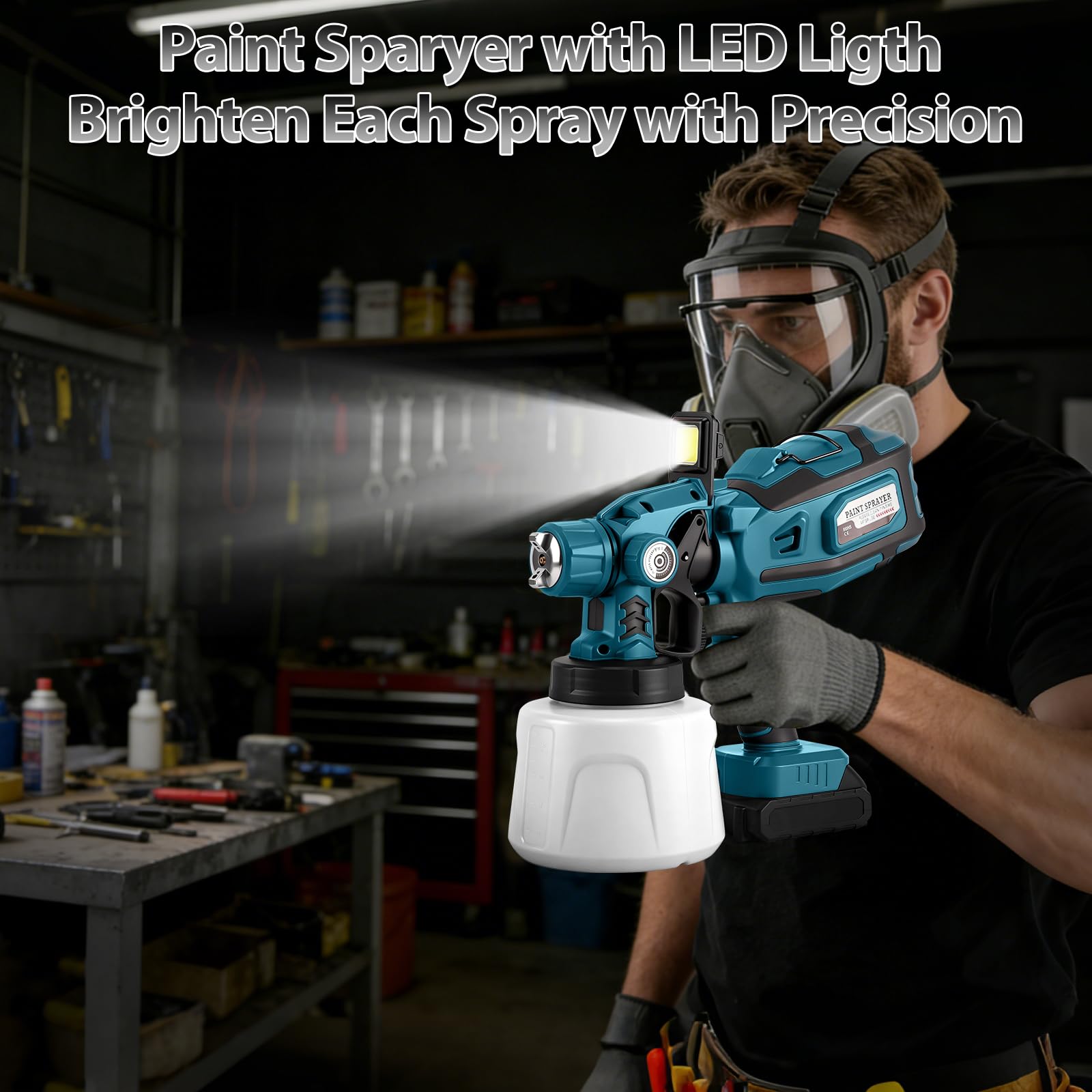 Pulverizador de Pintura Inalámbrico con LED para Makita 18V (sin batería) | 200W, Sistema de Pintura Eléctrico, Depósito 1,4L, 3 Patrones, 5 Boquillas, Cepillo, Guantes, Gafas