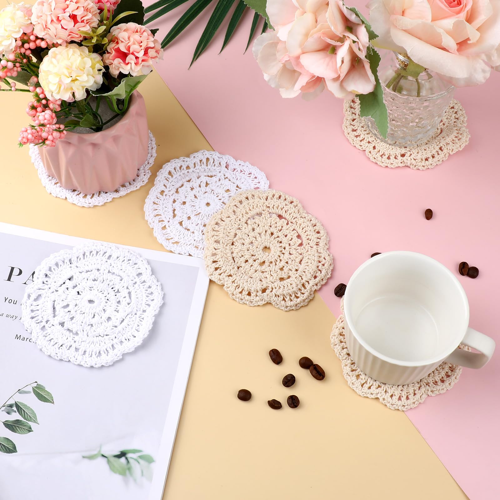 12 PCS Small Lace Doilies Crochet Doilies for Cups Coasters 4 Inch Handmade Crochet Cotton Coaster Small Vintage Cloth Lace Placemats Lace Fabric Coasters for Table (White/Beige)