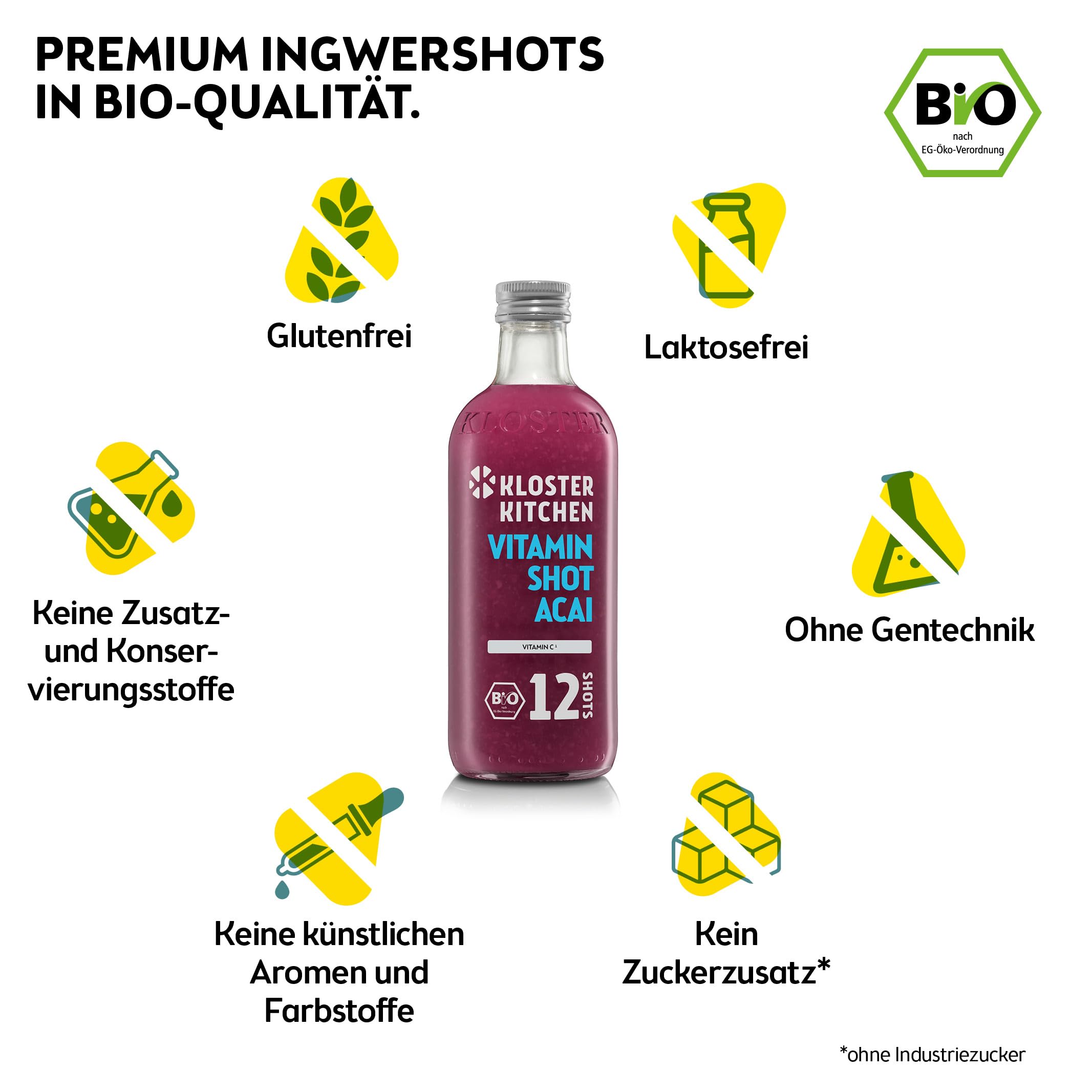 Kloster Kitchen Organic Vitamin Shot Acai Ginger 6x 360 ml botella de cristal vegana sin aditivos