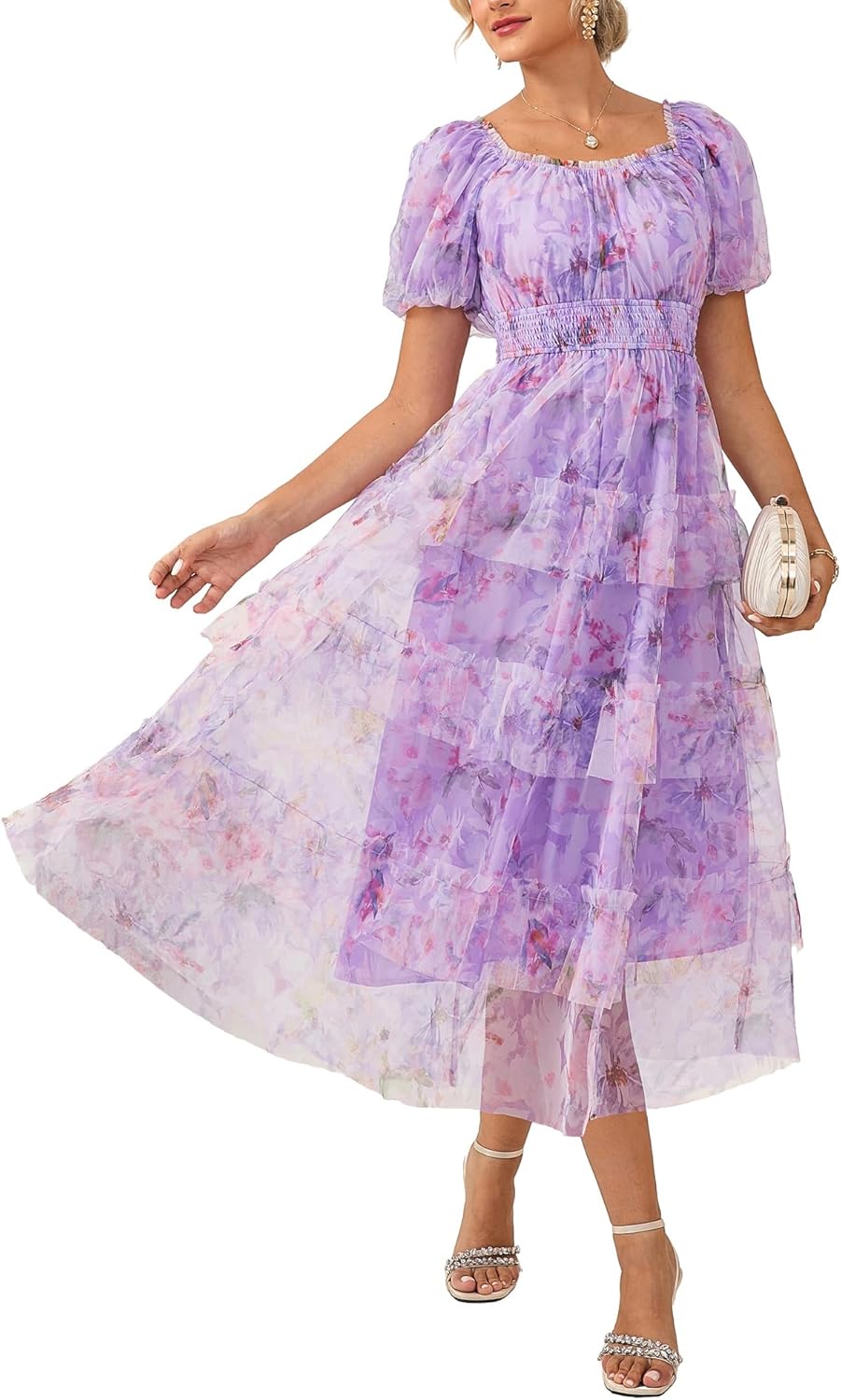 GRACE KARIN Women's 2026 Summer Wedding Guest Dress Short Sleeve Square Neck Boho Maxi Dresses Tulle Clothes Floral Dresses