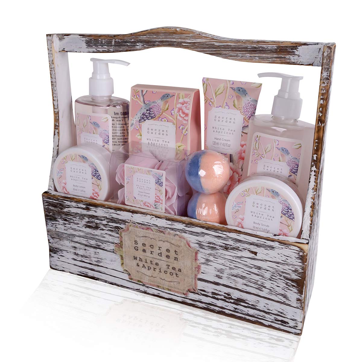 accentra Coffret cadeau Coffret bain et douche Secret Garden au thé blanc et à l'abricot - Coffret 8 pièces & Set cadeau Wellness olive dans un panier en bois, set de soins pour femmes 6pcs