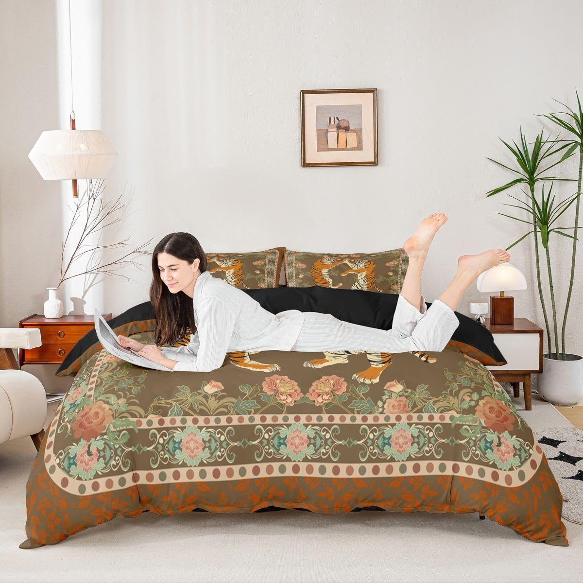 Homewish Vintage tygrys kwiatowy super king poszewka na kołdrę zaciekłe symetryczne zwierzę zestaw pościeli ozdobna botaniczna poszewka na kołdrę boho dżungla estetyczna brązowa żółta zestawy łóżek
