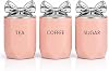 BML Pink Ceramic Tea Coffee Sugar Canister Set with Silver Bow Lids Airtight Kitchen Storage Jars for Kitchen Countertop Décor Accessories