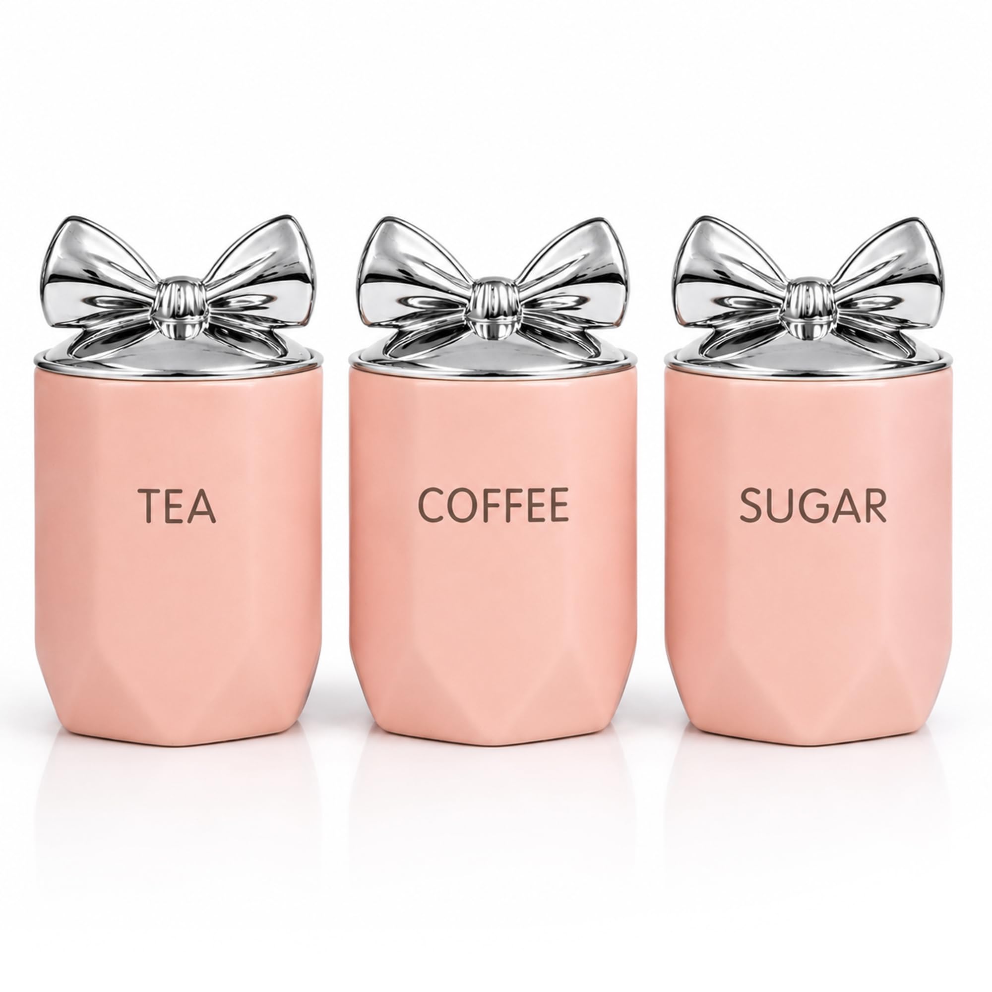 BMLIMITED BML Pink Ceramic Tea Coffee Sugar Canister Set with Silver Bow Lids Airtight Kitchen Storage Jars for Kitchen Countertop Décor Accessories