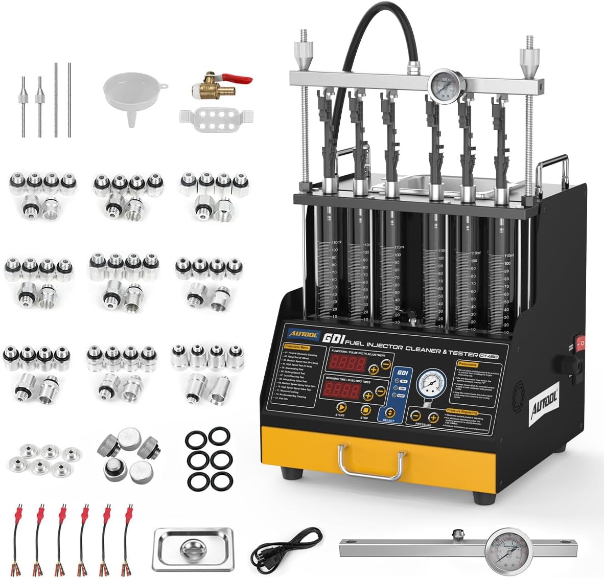AUTOOL Fuel Injector Cleaner Tester Machine, 50°C Ultrasonic Fuel Injection Cleaner with Heating Function 6 Cylinder for GDI, EFI, FSI, 12V/70V/120V Options, Digital Display, 10 Test Modes