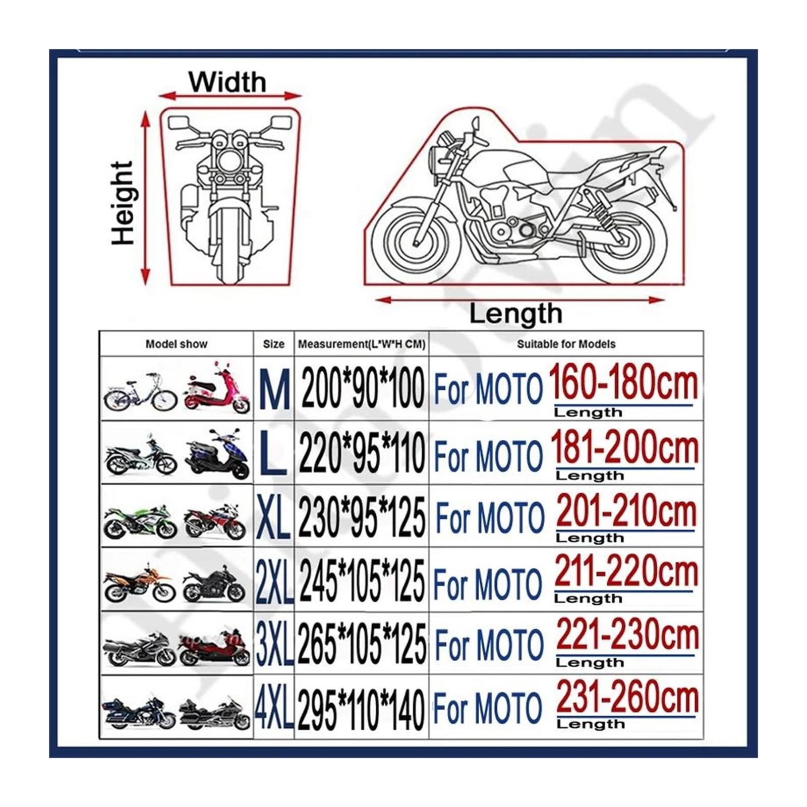 Grube Pokrowce Motocyklowe 300D Wodoodporne, Chroniące Przed Kurzem, Deszczem, Śniegiem I Promieniowaniem UV Pokrowiec Ochronny Dla Wewnątrz Na Zewnątrz M L XL XXL 3XL 4XL(XXL 211-220cm)