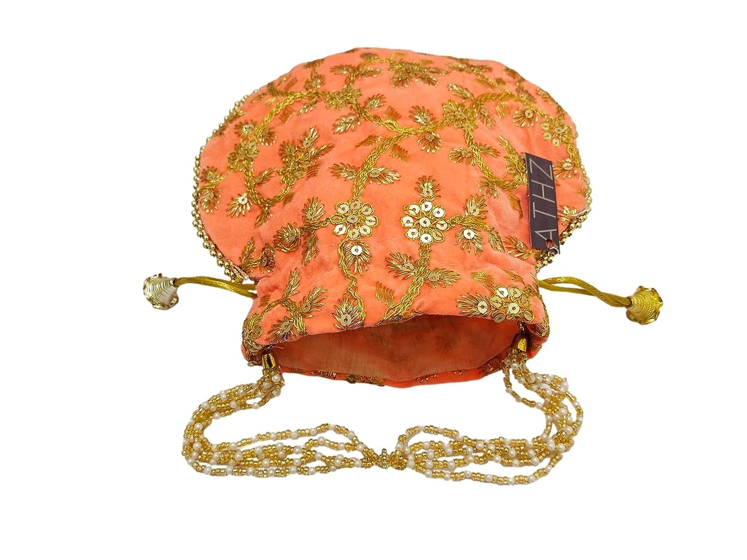 ATHZ Potli Bag Velvet Golden work wedding potli for ladies (Bright Peach, Beige, Rama Green) 1
