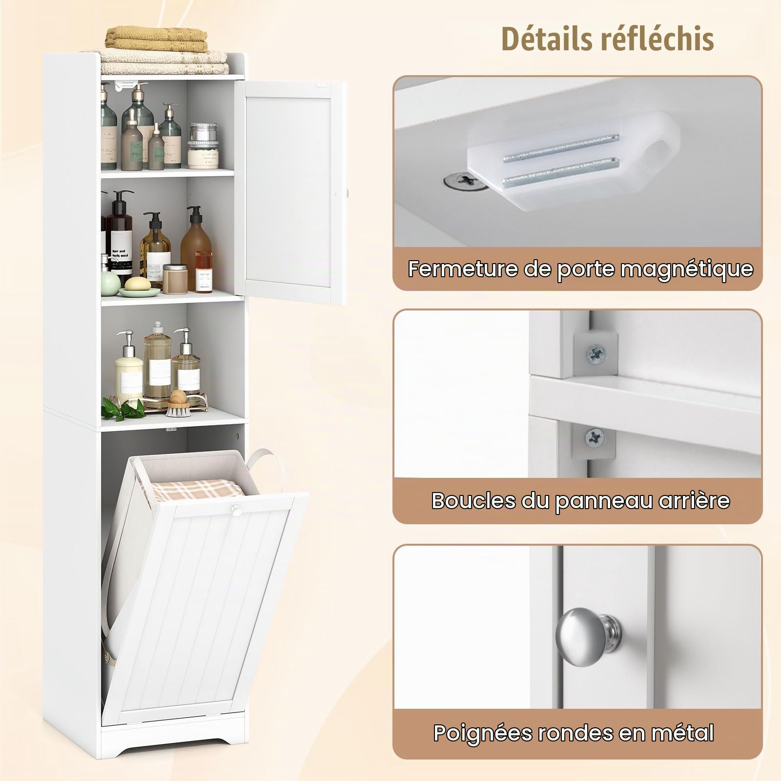 GOPLUS Colonne Salle de Bain Etroit, 40 x 40 x 170CM, Rangement Salle de Bain avec Sac à Linge Indépendant Amovible 48L, 3 Compartiements avec Étagère Réglable, Idéal pour WC, Buanderie, Salon (Blanc)