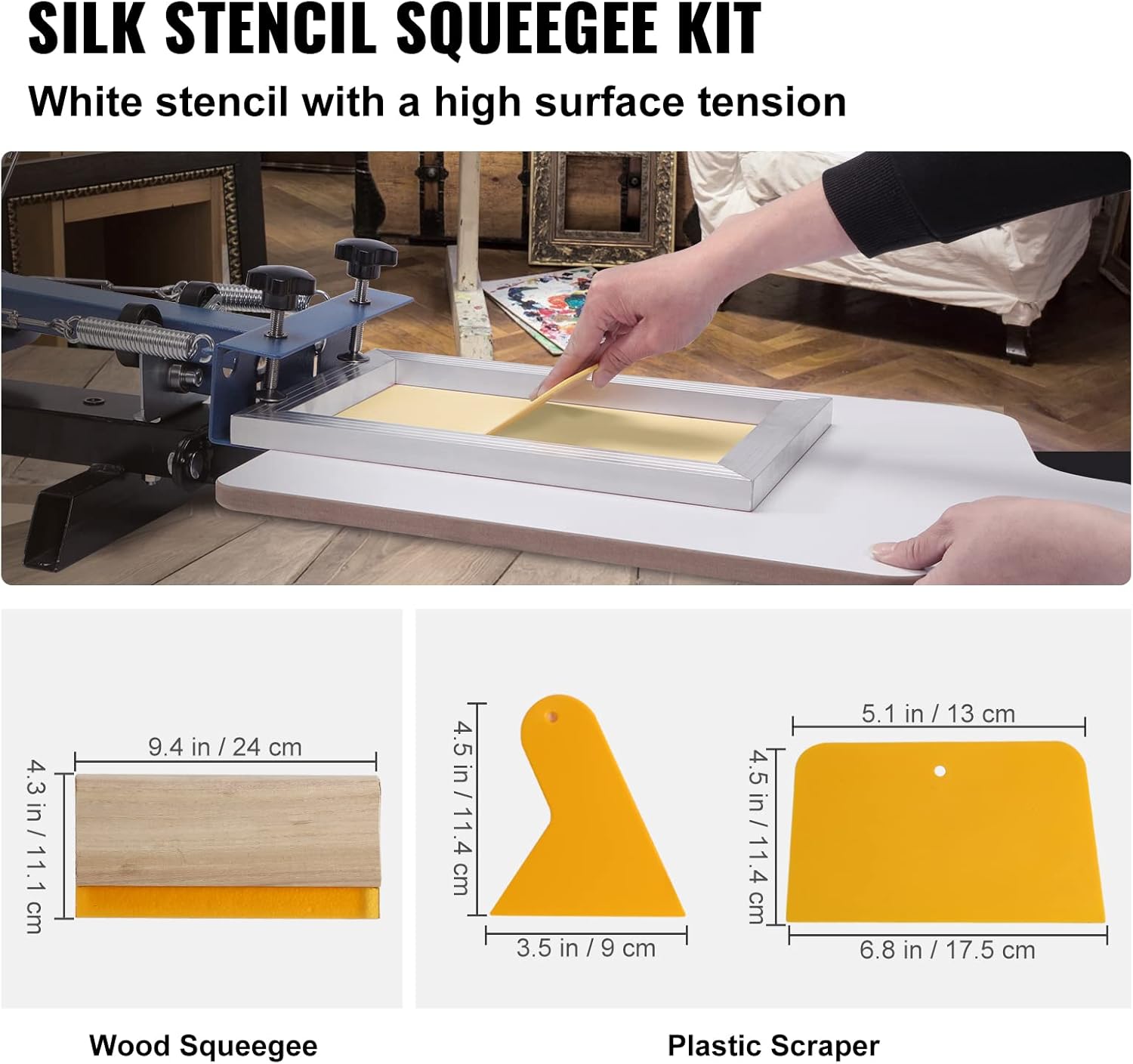 VEVOR Screen Printing Kit, 3 PCS Aluminum Silk Screen Printing Frames, 5 Glitters and Screen Printing Squeegees and Transparency Films, 6x10/8x12/10x14inch 110 Count Mesh, for DIY T-Shirts Printing