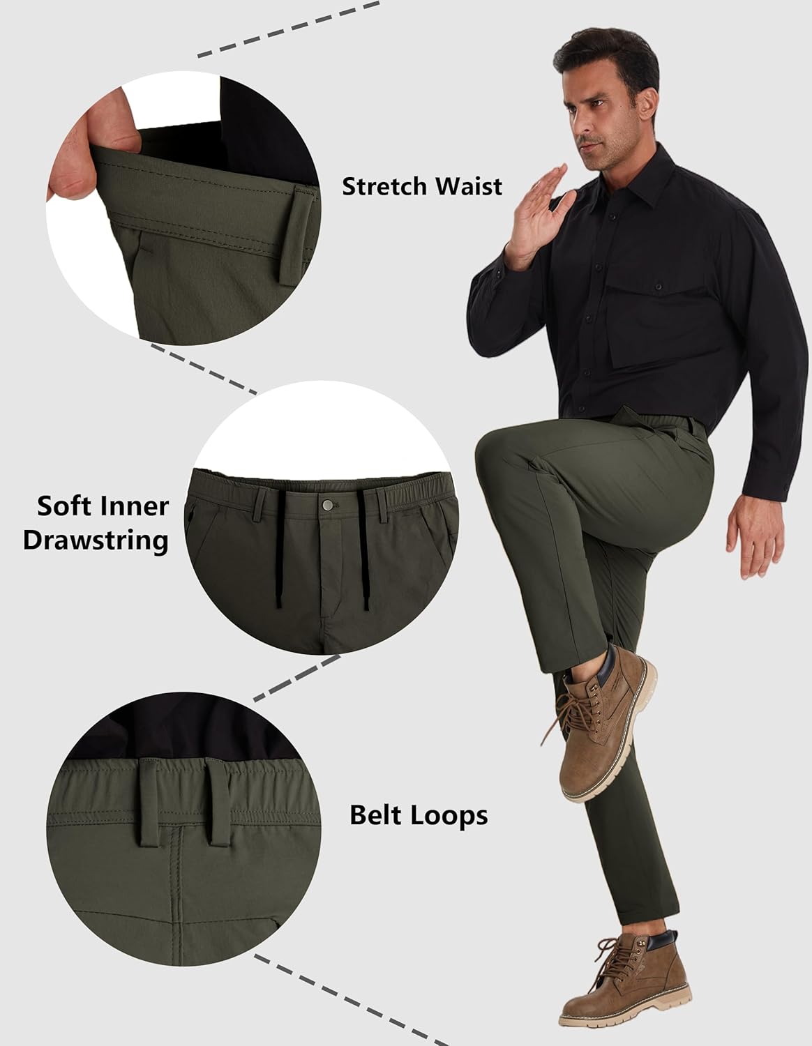 PULI Men's Casual Pants with Drawstring Elastic Waist Water Resistant Quick Dry Lightweight Zipper Pocket Outdoor Hiking 30''