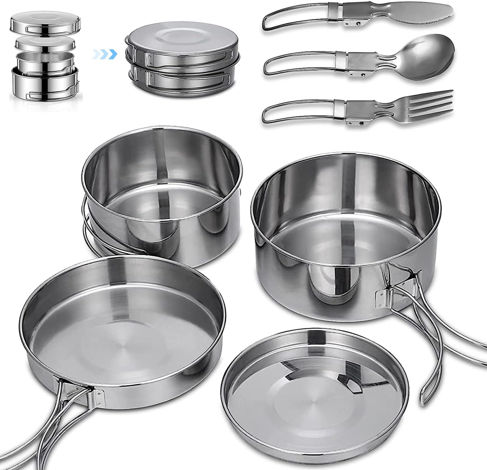 Grande Casserole De Camping, 8 Pièces En Acier Inoxydable Pour Barbecue, Camping, Pique-nique, Ensemble De Casseroles Pliables