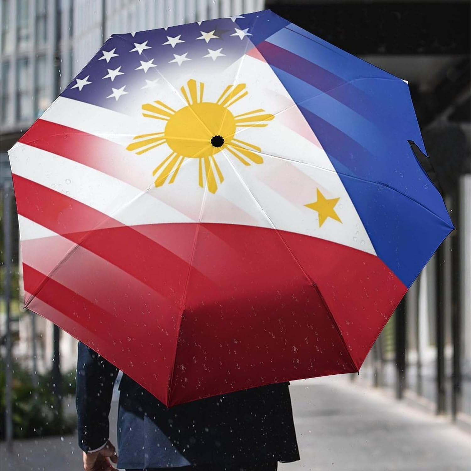 U.S. Philippines FlagTravel 3 Fold Umbrellas Windproof Automatic and Manual Umbrella Portable for Rain and Sun
