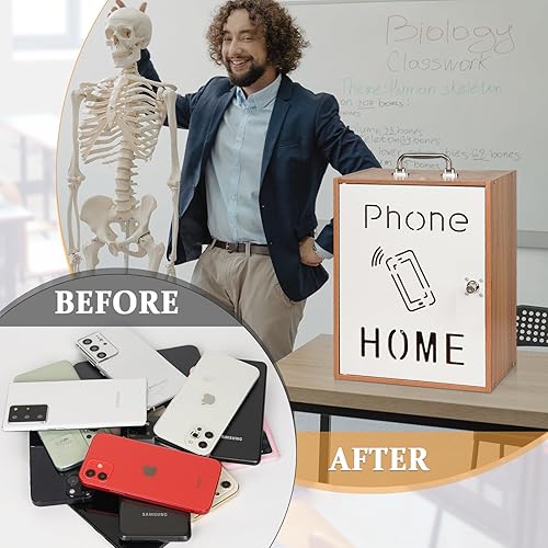 Miniatura 4 de Soporte para Teléfono Celular de Aula 36 Ranuras Gabinete de Almacenamiento de Teléfono Celular de Madera Tabla de Bolsillos con Asa y Cerradura de