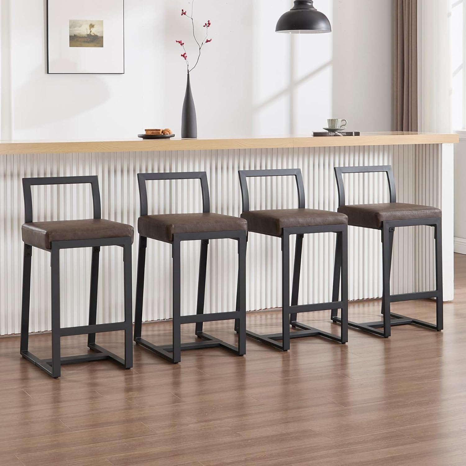 Ya-Home 26’’ Modern Bar Stools Set of 4, Upholstered PU Leather Bar Chairs with Backrest Armless Counter Height Stools with Metal Frame for Kitchen Island Dining Room, Grayish Brown