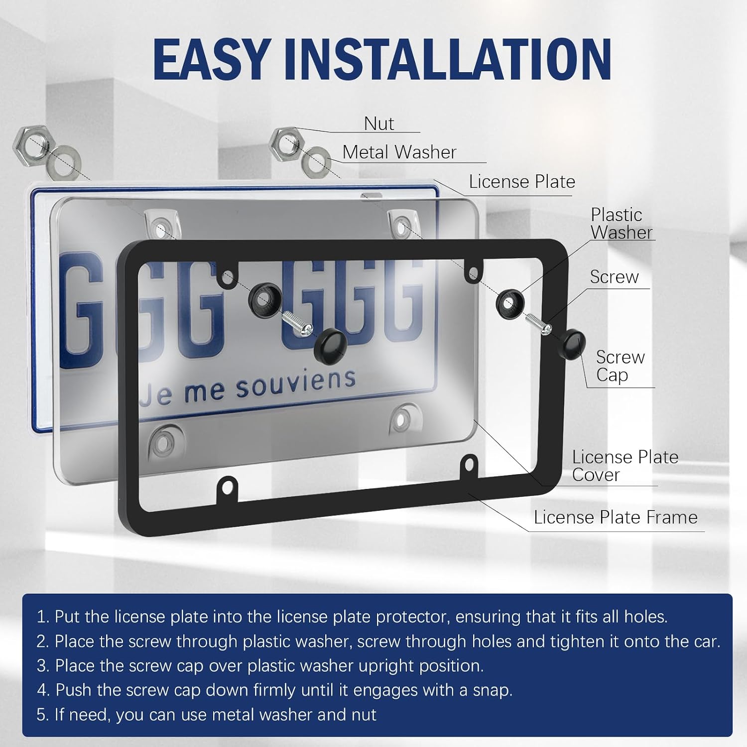 2 Pack License Plate Frames with Clear Protective Shields, Universal Car Front & Rear Plate Protector Set with Screws & Caps, Anti-Rust Plastic License Plate Holders for Most Vehicles