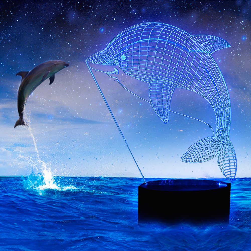 YiaMia Dolphin Gifts 3D Illusion Led Lamp Decoration Desk Kids Night Light Optical Supplies 7 Colors Changing Table Light Toys Decor Sea Bathroom Home USB Powered