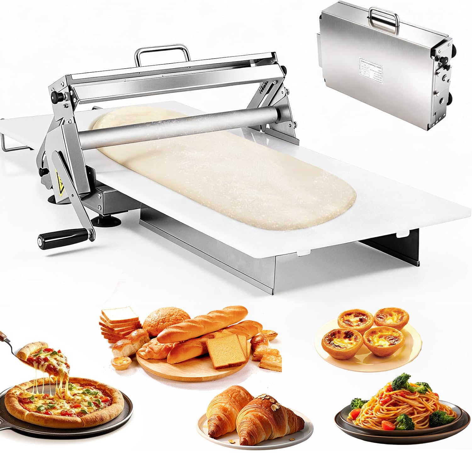 RKXKJ Manual Dough Sheeter, Pizzas Forming Machine, Stainless Steel, Thickness 0-27mm, Foldable Design, For Croissants, Puff Pastry & Pie Crusts 300t