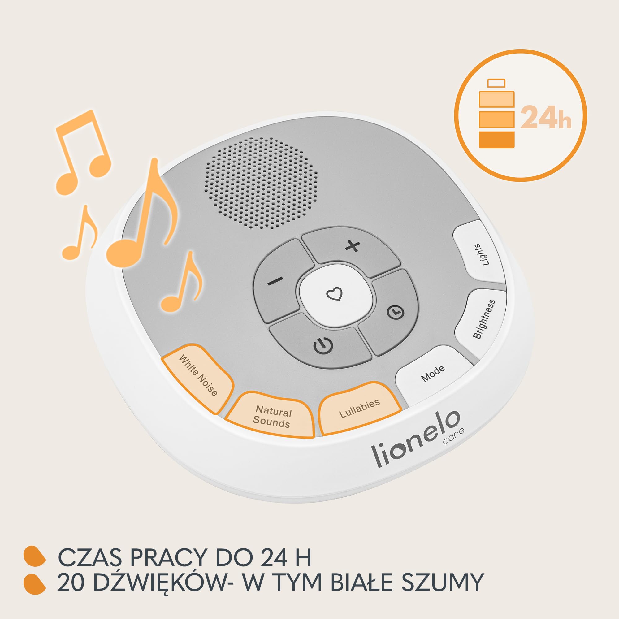 LIONELO BabyNap Przenośna Pozytywka do Usypiania Niemowląt 2 w 1 Lampka Nocna z 11 Kolorami Światła, 20 Dźwięków Kołysanki Szumy, Timer, Nagrywanie Bicia Serca Mamy Love Beat