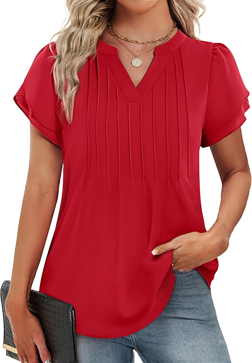 Funlingo Womens Tops Dressy Casual 2026 Short Petal Sleeve Tunic Blouses Spring V Neck Loose Flowy Dress Shirt Elegant Clothes Red M