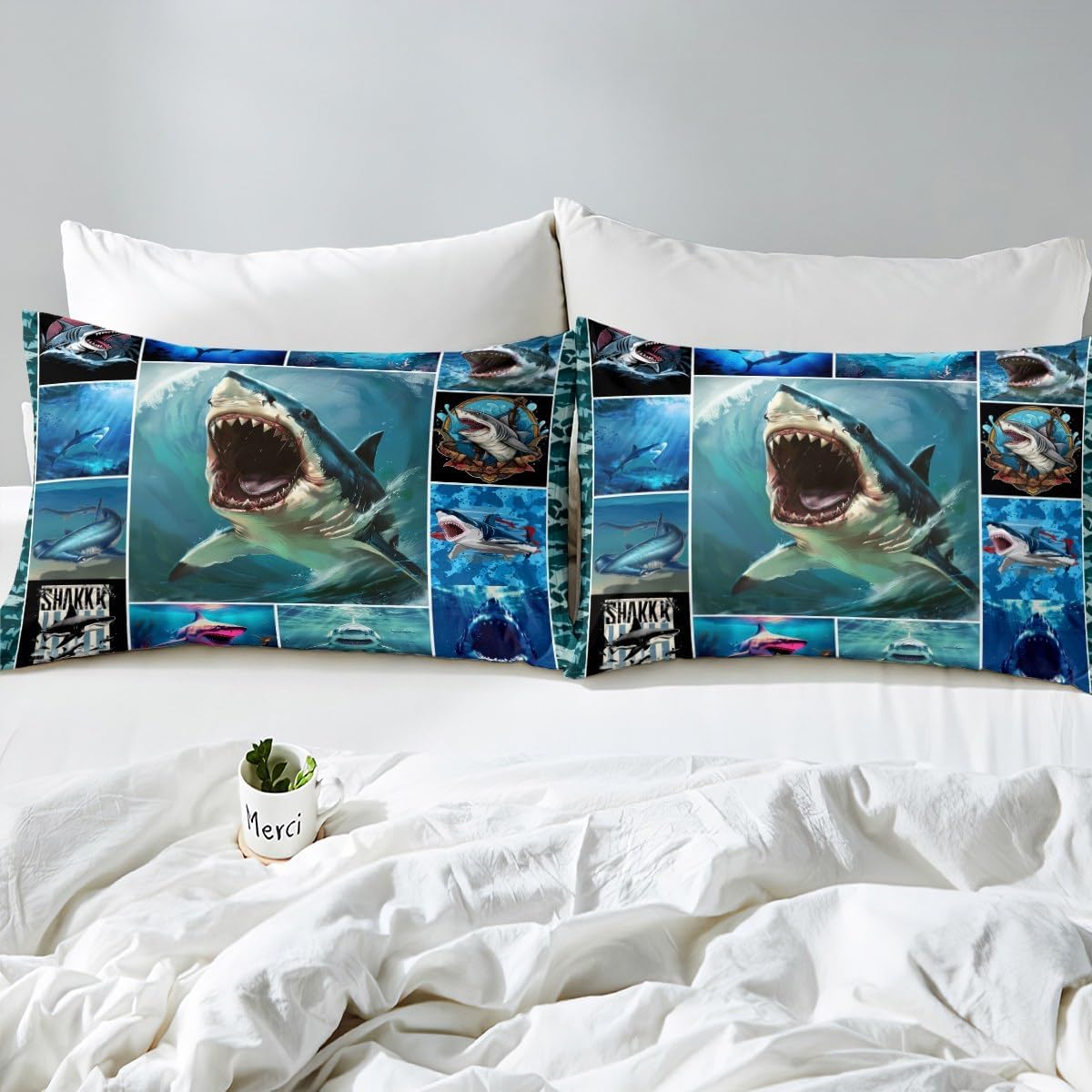 3D Shark Bedding Set Twin Size Sea Animals Bed Set for Girls Teens Bedroom Decor Kids Shark Geometric Fitted Sheet Soft Microfiber Grid Squares Bed Cover(1 Fitted Sheet+1 Pillow Case)
