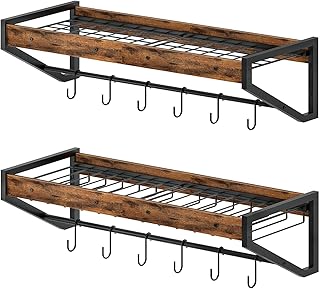 Wall-Mounted Pot Lid Racks Set of 2, with Pot Rack and Lid Organizer, Kitchen Cookware Organizer with 12 S-Shaped Hooks, for Pot, Pan and Lid Storage, Rustic Brown and Black TPR36BF