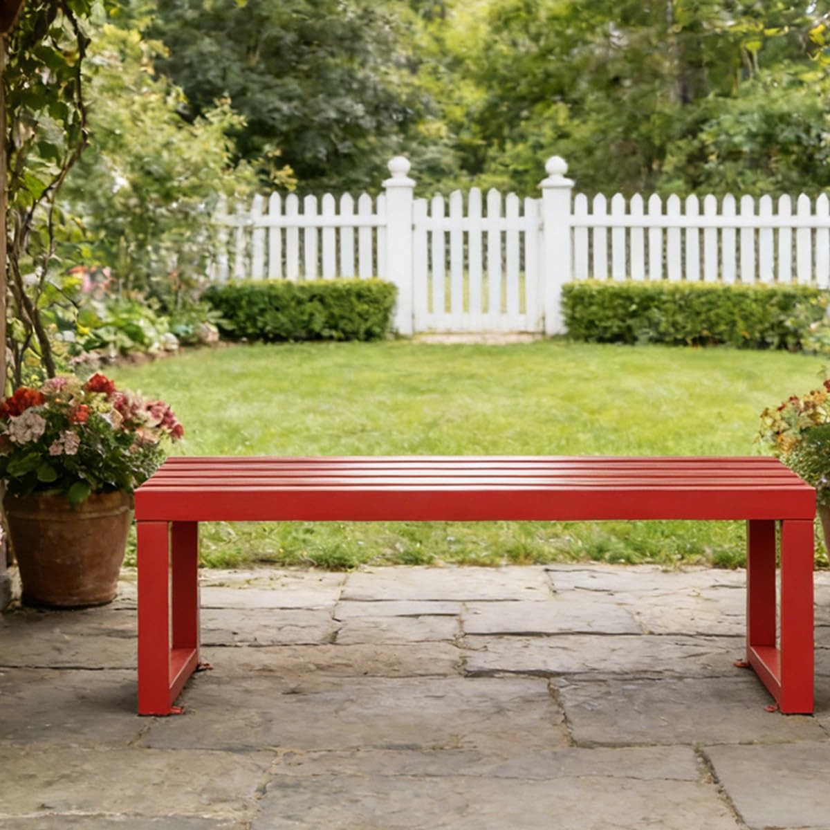 Generico Panchina da Esterno Rosa Resistente, Seduta da Parco in Metallo Impermeabile, arredo da Giardino Senza Schienale, Sedia Multifunzionale a doghe da 120 cm per Veranda, terrazza e Giardino