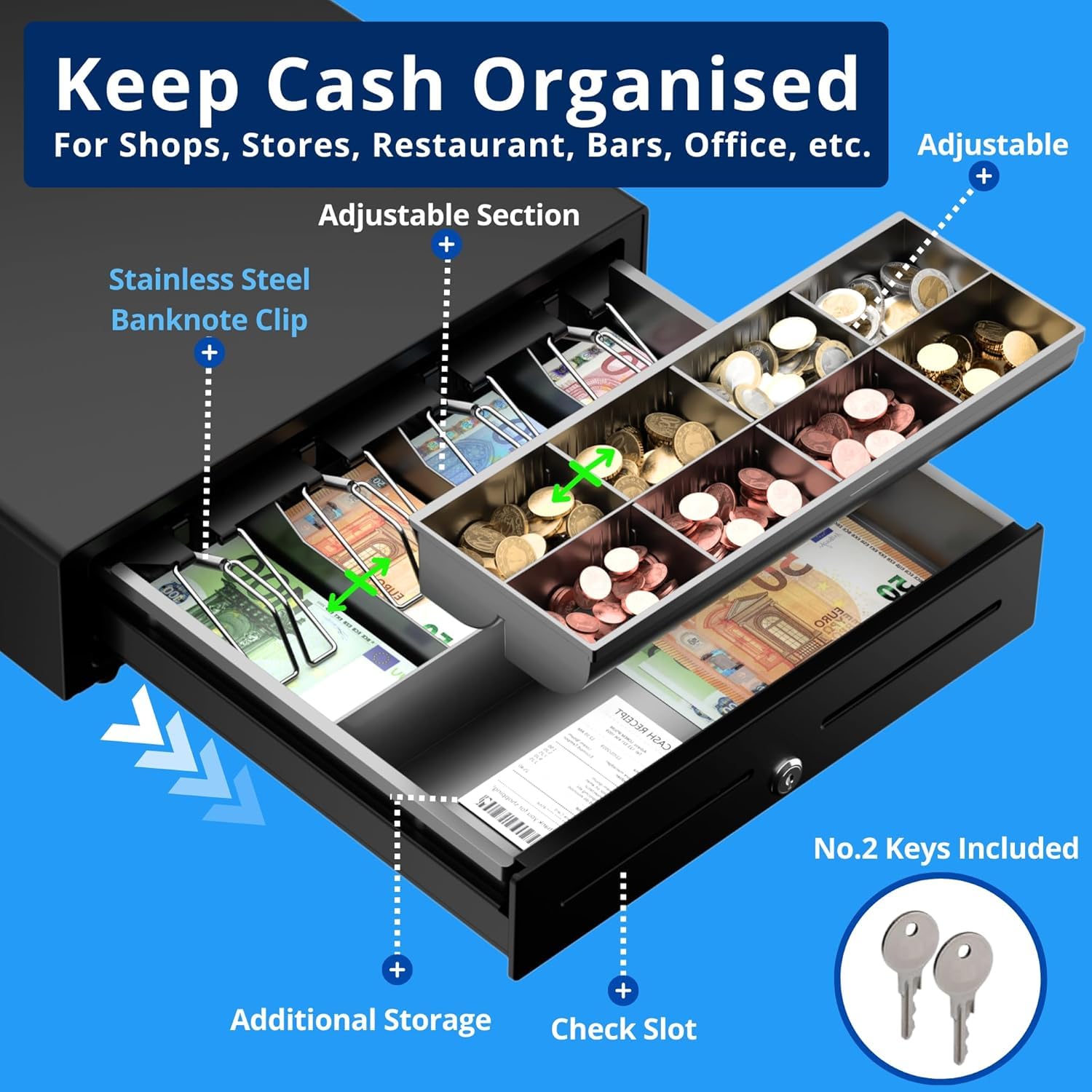 Cassetto Porta Soldi per Registratore di Cassa 41x41 cm, Automatico/Manuale RJ11, Kit Professionale con Penna Verifica Banconote - Cassetto Cassa 4 Banconote e 8 Monete, Nero